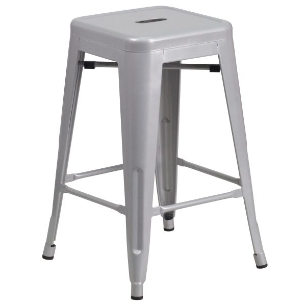24" High Backless Metal Indoor-Outdoor Counter Height Stool w/Square Seat