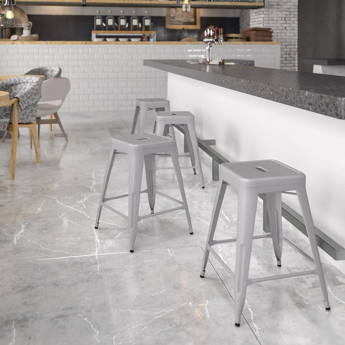 24" High Backless Metal Indoor-Outdoor Counter Height Stool w/Square Seat - Image 2