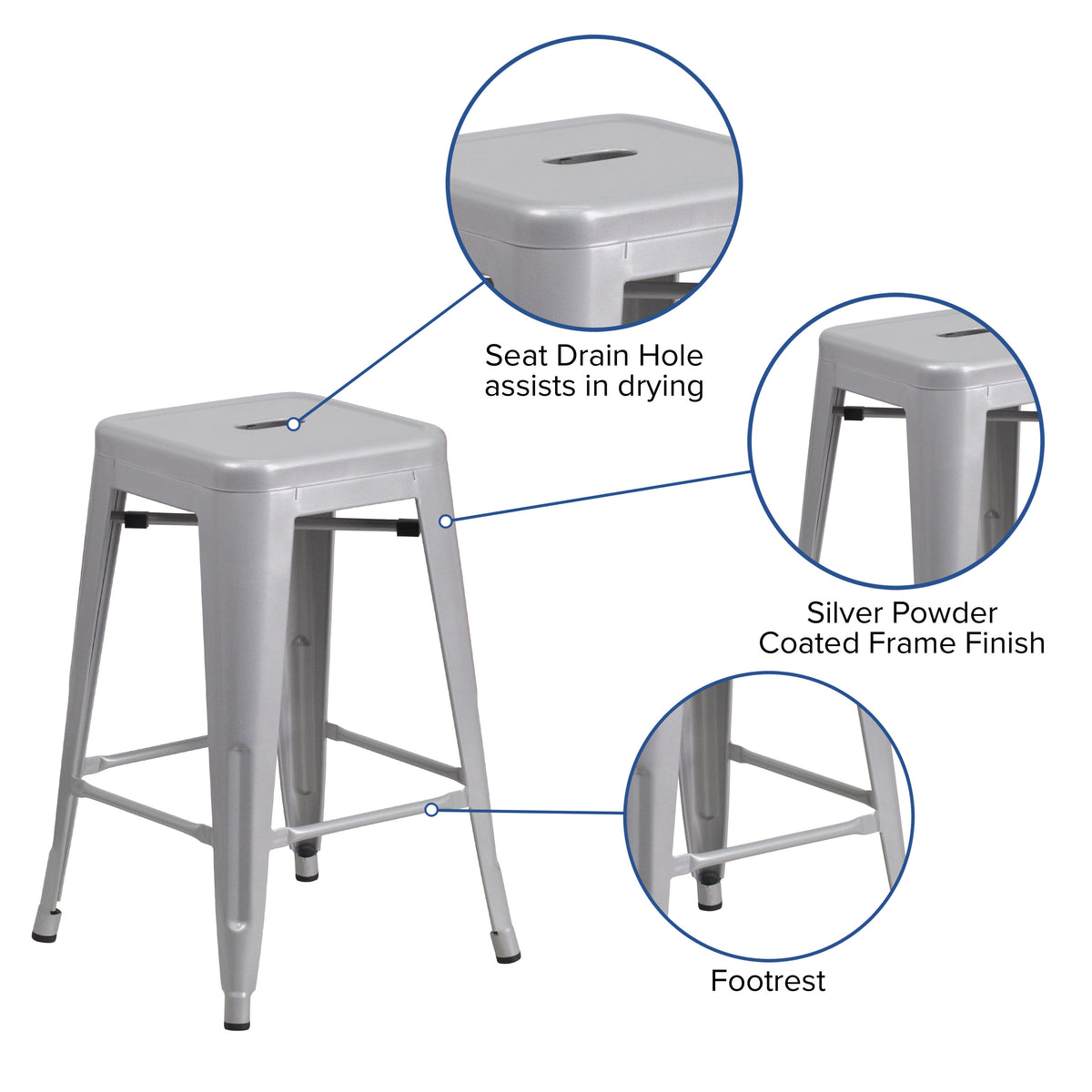 24" High Backless Metal Indoor-Outdoor Counter Height Stool w/Square Seat - Image 3