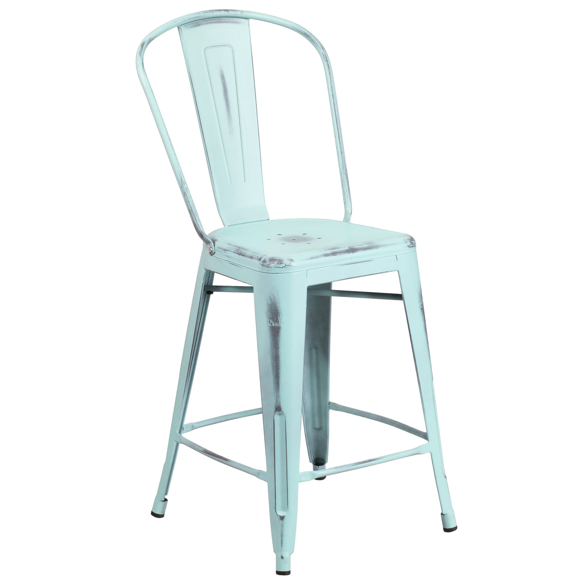 24" High Distressed Metal Indoor-Outdoor Counter Height Stool with Back