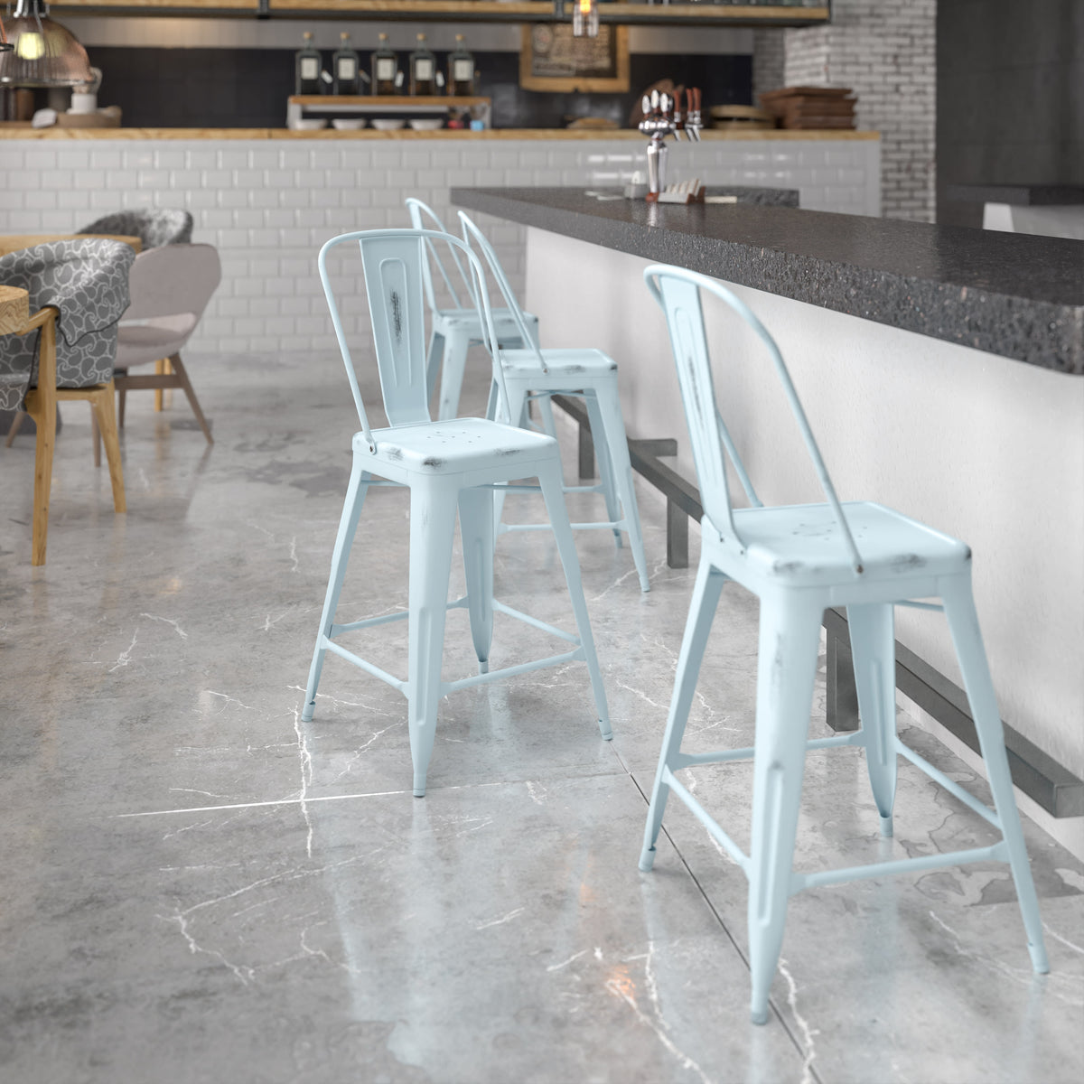 24" High Distressed Metal Indoor-Outdoor Counter Height Stool with Back - Image 2