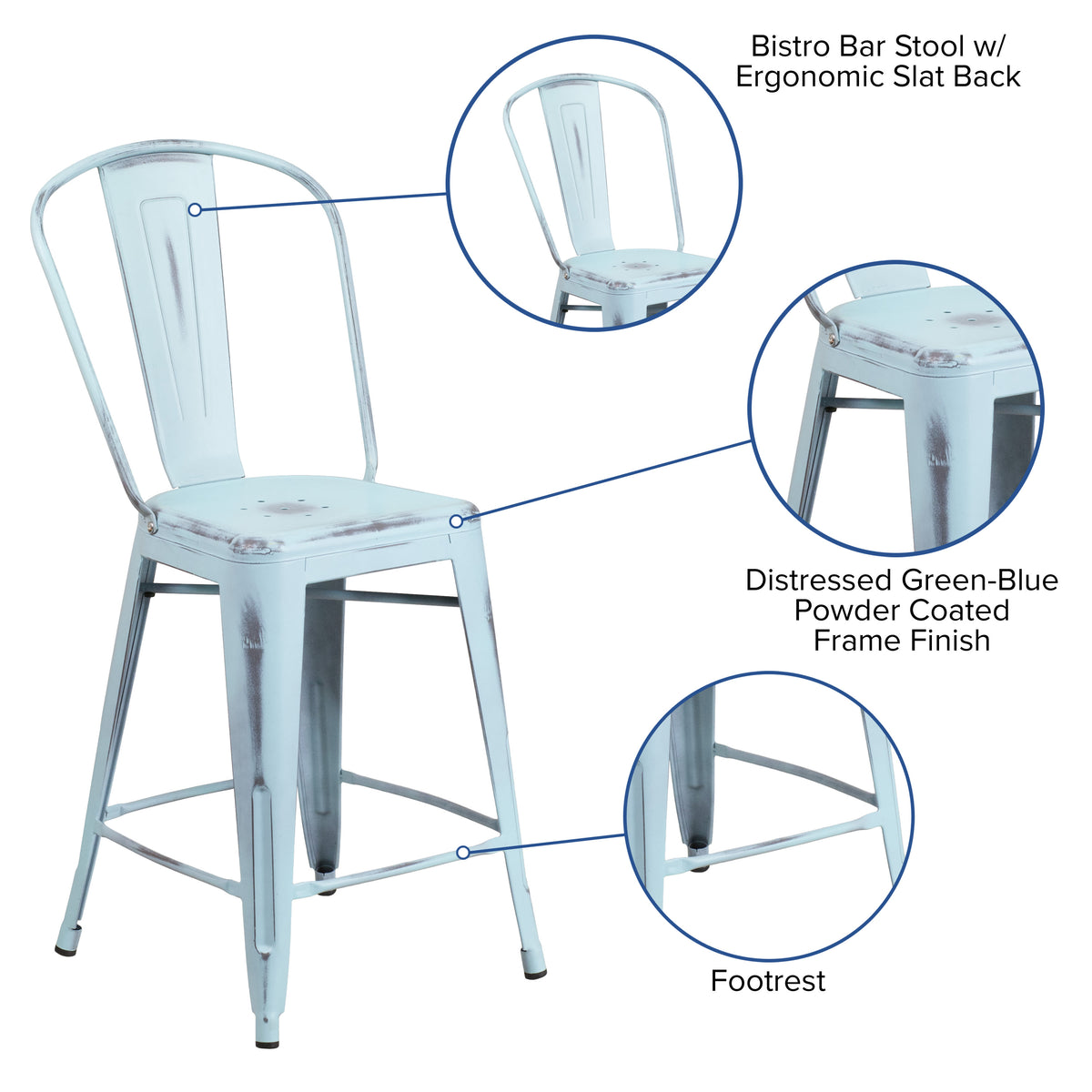 24" High Distressed Metal Indoor-Outdoor Counter Height Stool with Back - Image 3