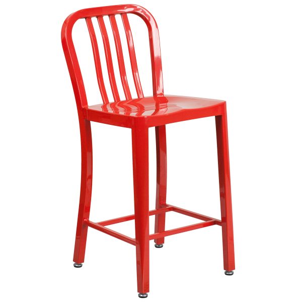 24'' High Metal Indoor-Outdoor Counter Height Stool with Vertical Slat Back