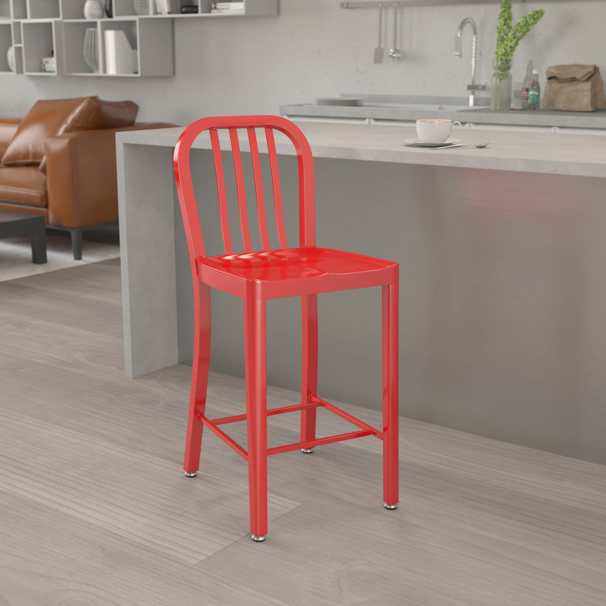24'' High Metal Indoor-Outdoor Counter Height Stool with Vertical Slat Back - Image 2