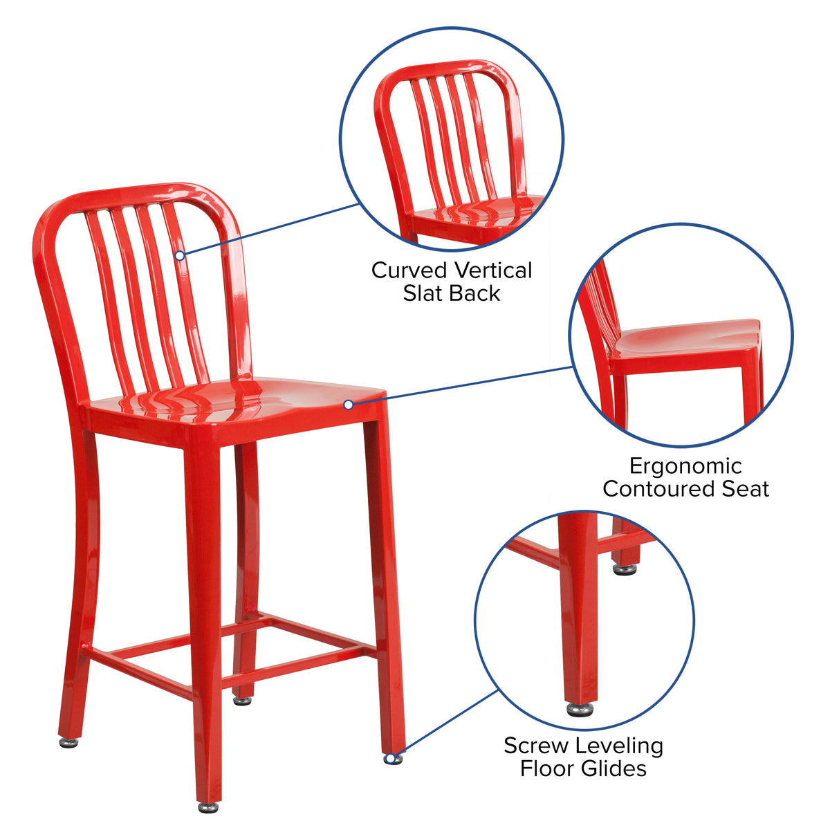 24'' High Metal Indoor-Outdoor Counter Height Stool with Vertical Slat Back - Image 3
