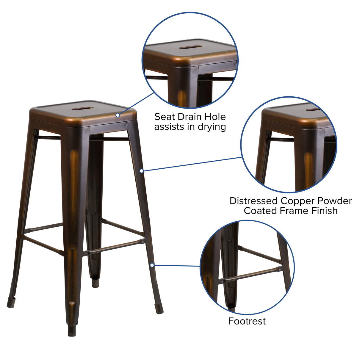 30" High Backless Distressed Metal Indoor-Outdoor Barstool - Patio Chair - Image 3