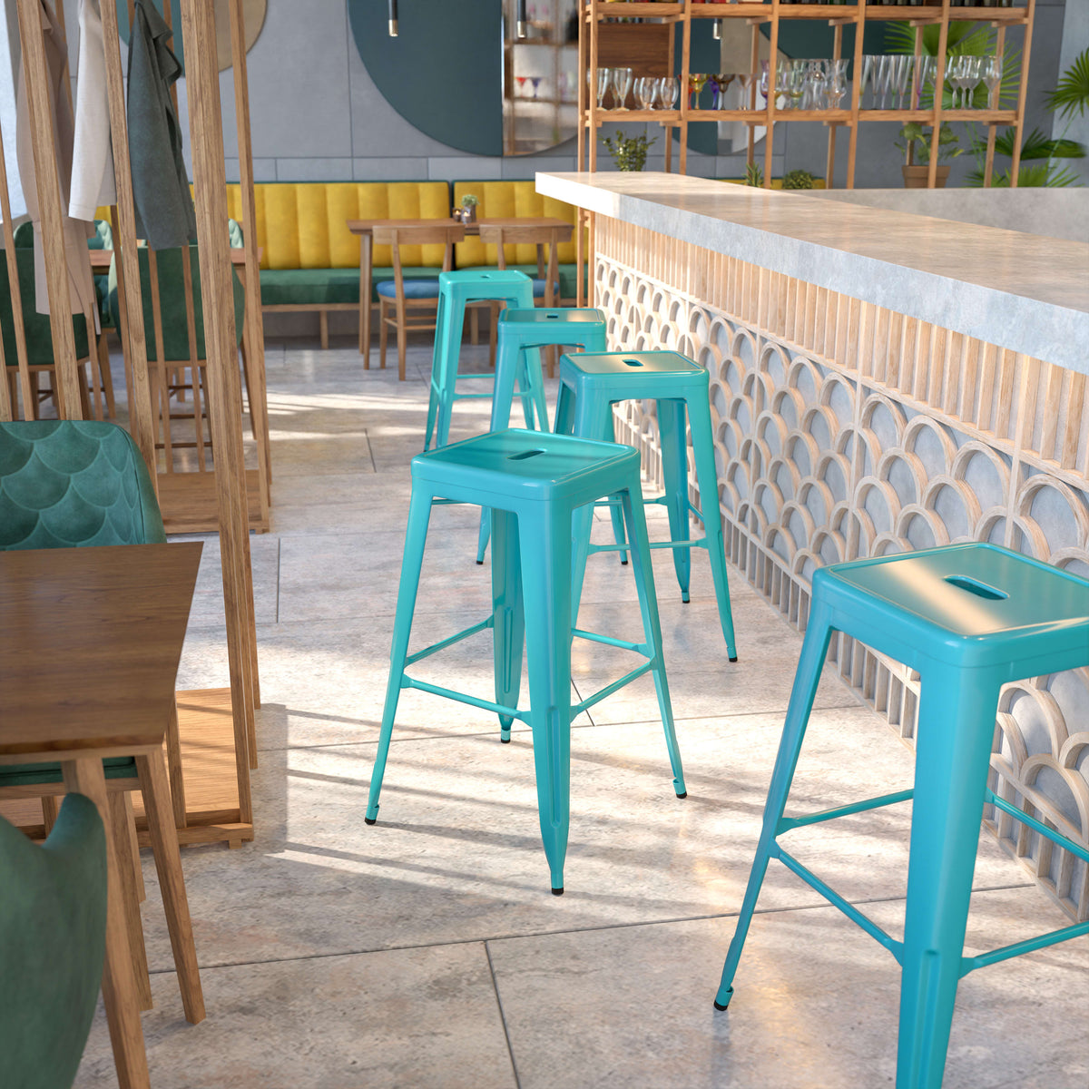30" High Backless Metal Indoor-Outdoor Barstool with Square Seat - Image 2