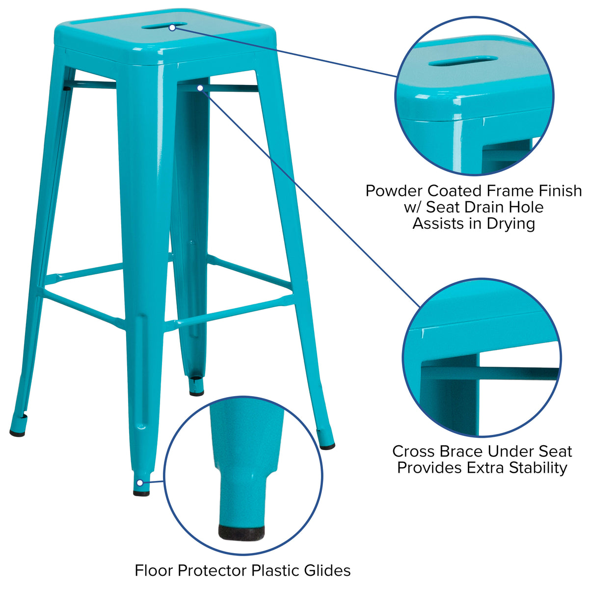 30" High Backless Metal Indoor-Outdoor Barstool with Square Seat - Image 4