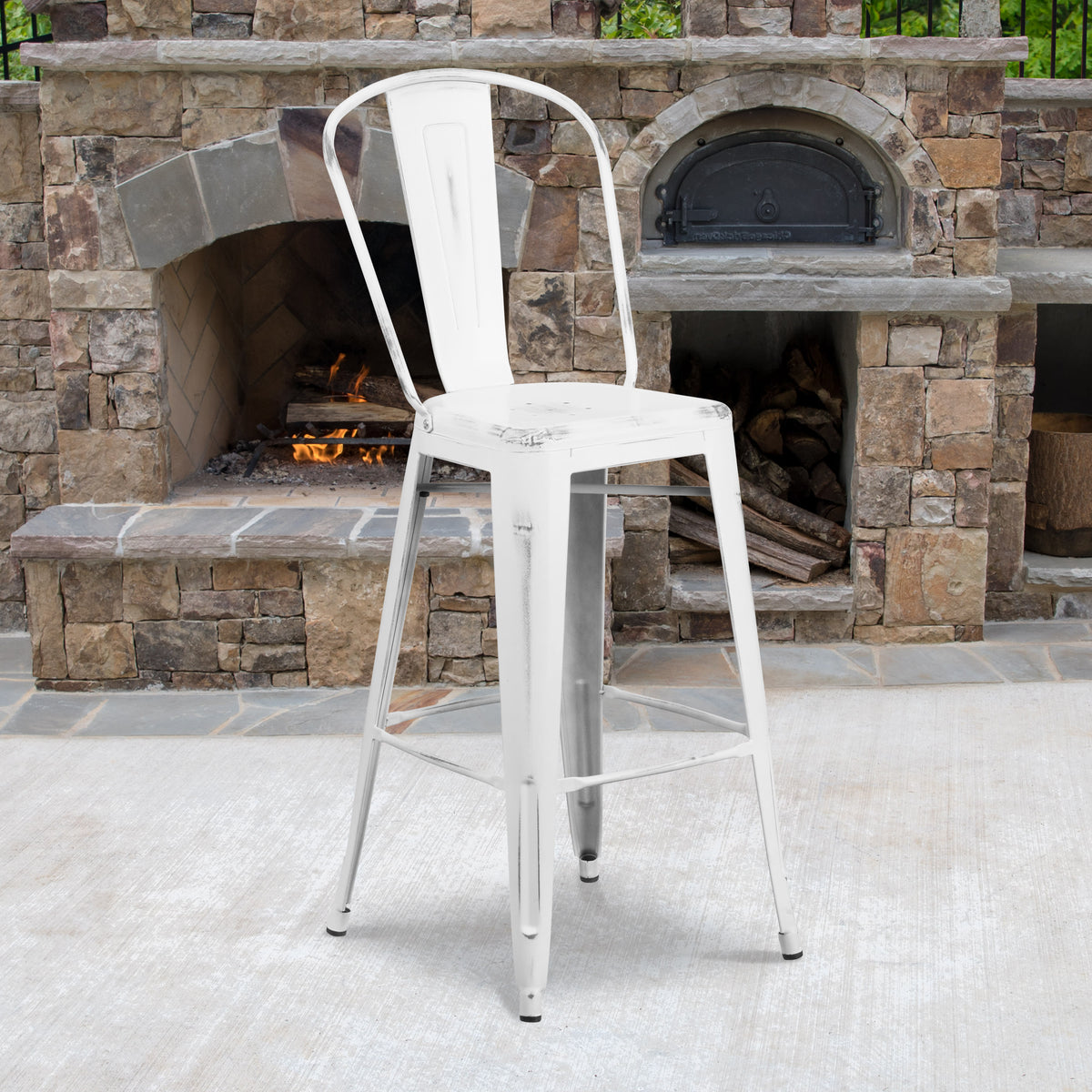 30" High Distressed Metal Indoor-Outdoor Barstool with Back - Image 2