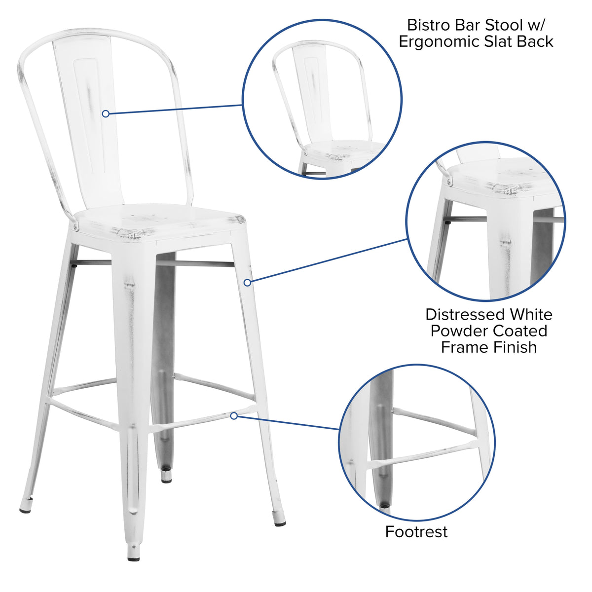 30" High Distressed Metal Indoor-Outdoor Barstool with Back - Image 3