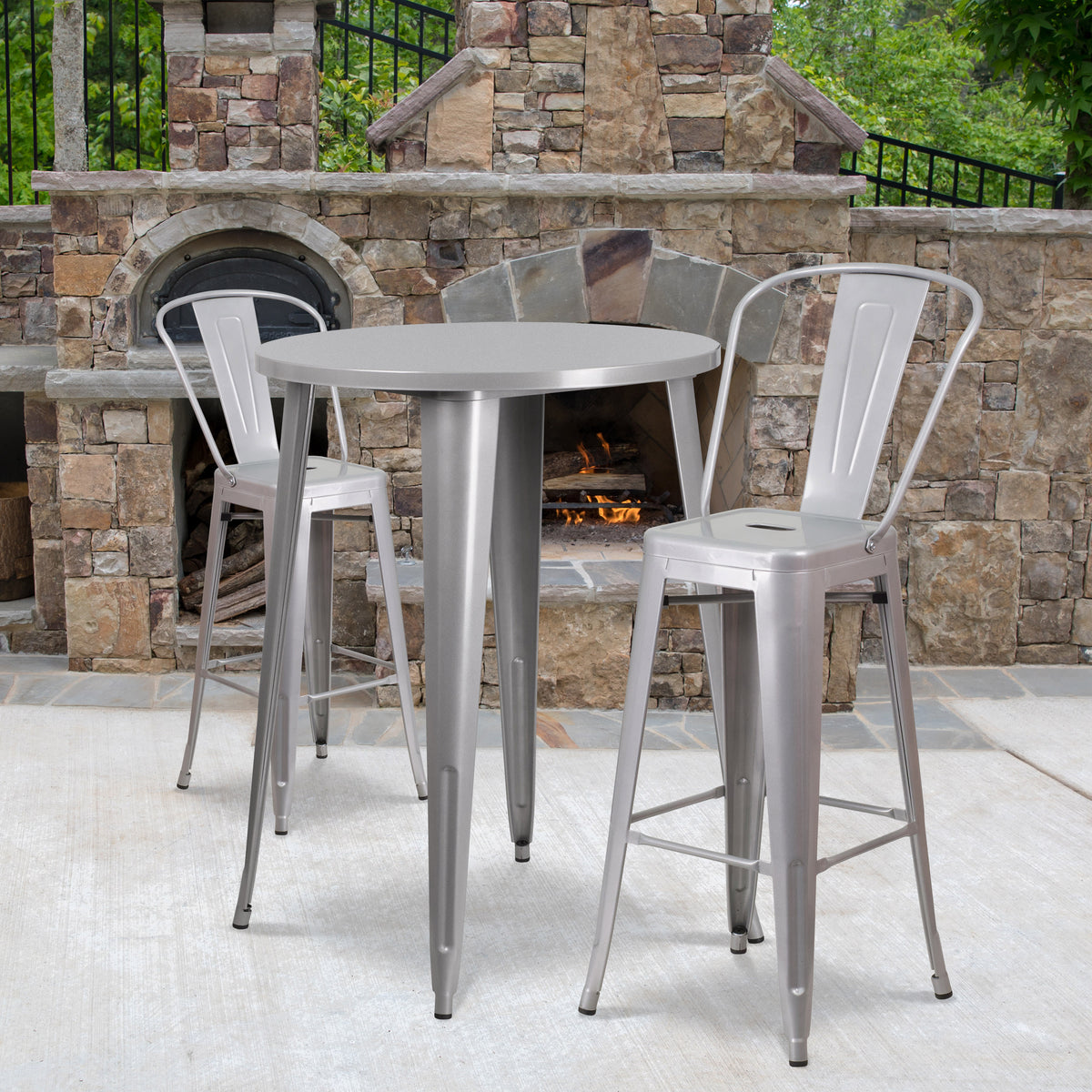 30'' Round Metal Indoor-Outdoor Bar Table Set with 2 Cafe Stools - Image 2