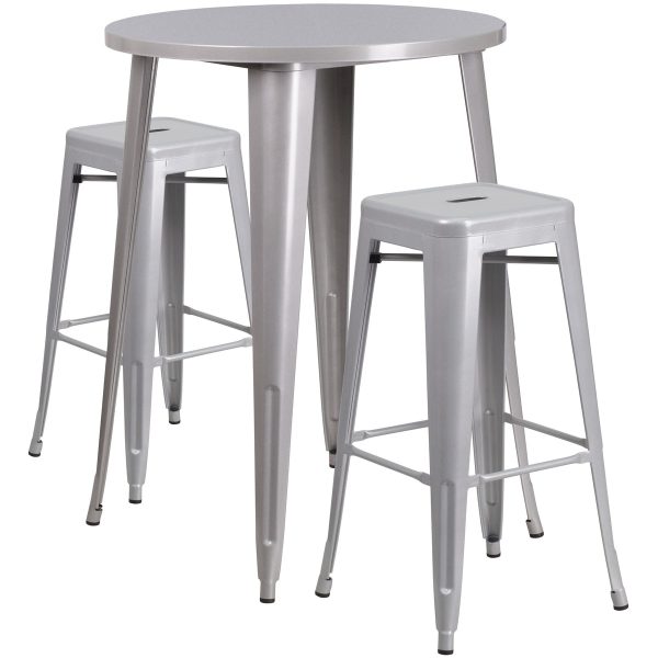 30'' Round Metal Indoor-Outdoor Bar Table Set with 2 Square Seat Backless Stools