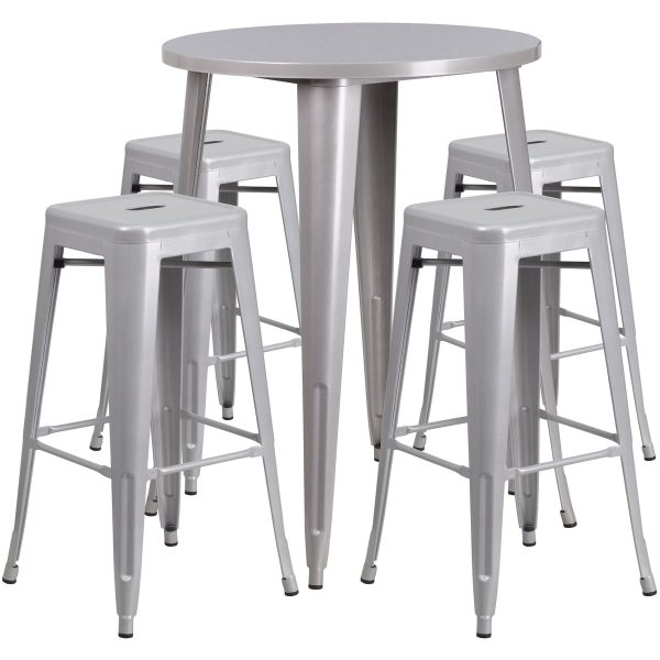 30'' Round Metal Indoor-Outdoor Bar Table Set with 4 Square Seat Backless Stools