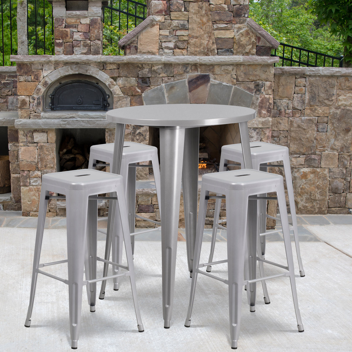 30'' Round Metal Indoor-Outdoor Bar Table Set with 4 Square Seat Backless Stools - Image 2