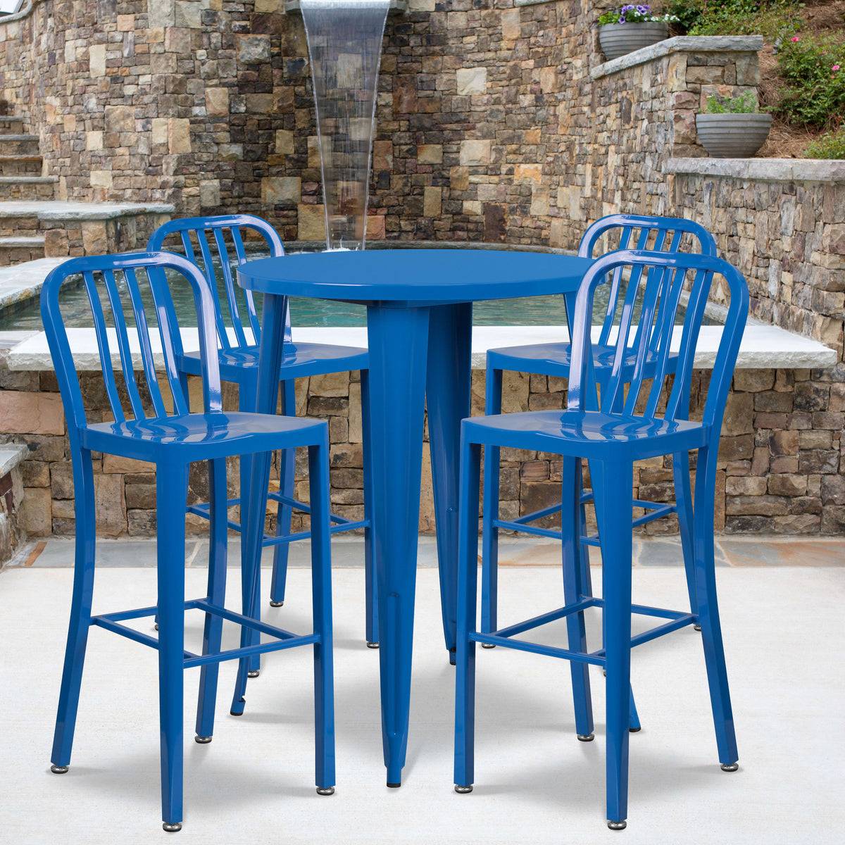 30'' Round Metal Indoor-Outdoor Bar Table Set with 4 Vertical Slat Back Stools - Image 2