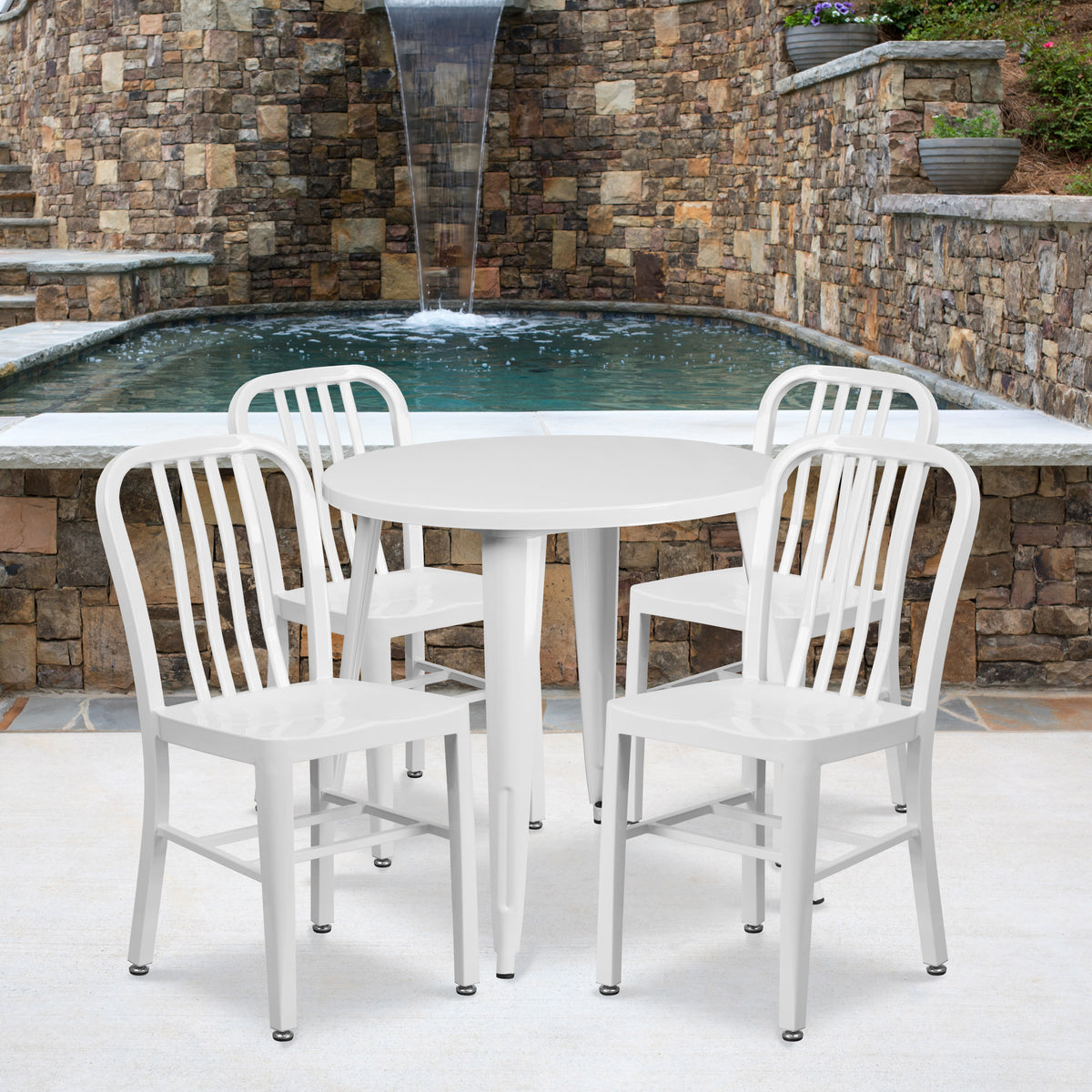 30'' Round Metal Indoor-Outdoor Table Set with 4 Vertical Slat Back Chairs - Image 2
