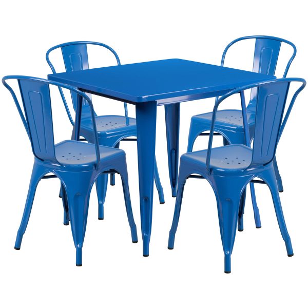 31.5" Square Metal Indoor-Outdoor Table Set with 4 Stack Chairs