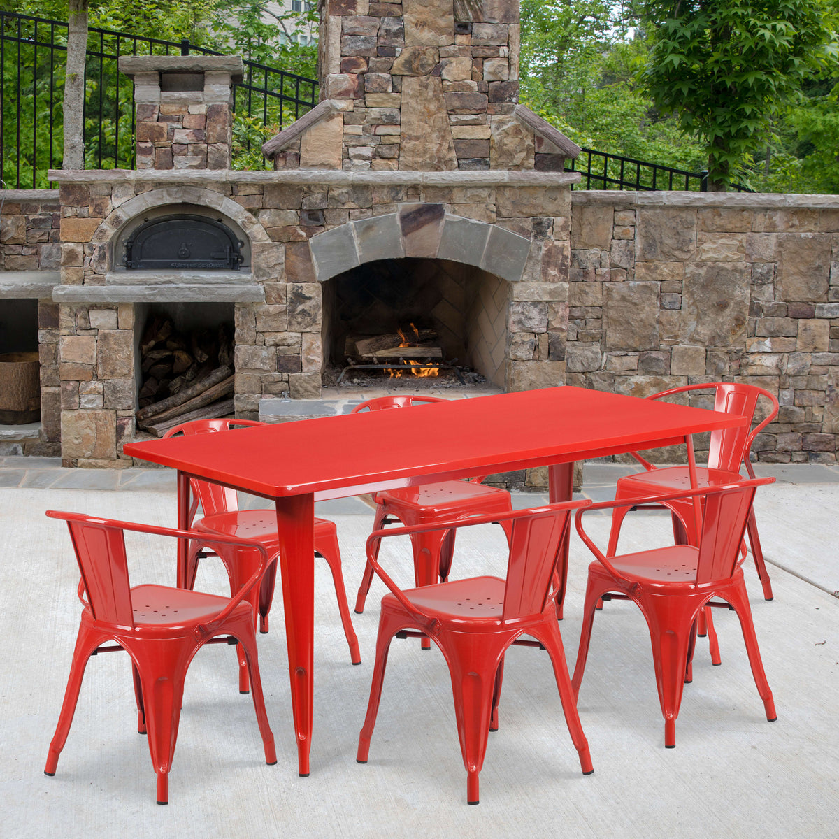 31.5'' x 63'' Rectangular Metal Indoor-Outdoor Table Set with 6 Arm Chairs - Image 2