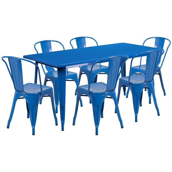 31.5'' x 63'' Rectangular Metal Indoor-Outdoor Table Set with 6 Stack Chairs