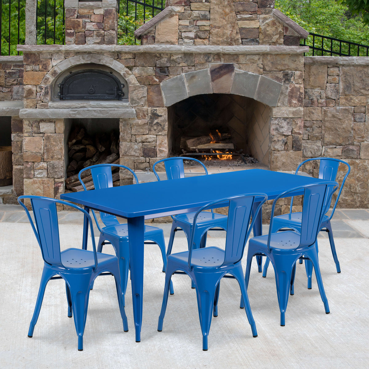 31.5'' x 63'' Rectangular Metal Indoor-Outdoor Table Set with 6 Stack Chairs - Image 2