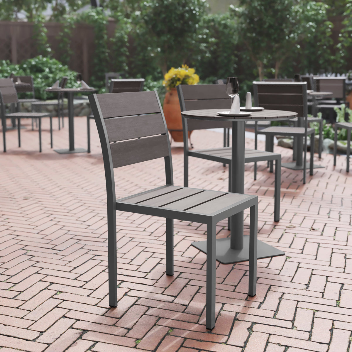 Commercial Grade Armless Outdoor Faux Teak Patio Dining Chair - Image 2