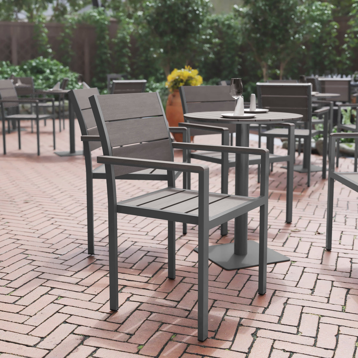 Commercial Grade Outdoor Faux Teak Patio Dining Chair with Arms - Image 2