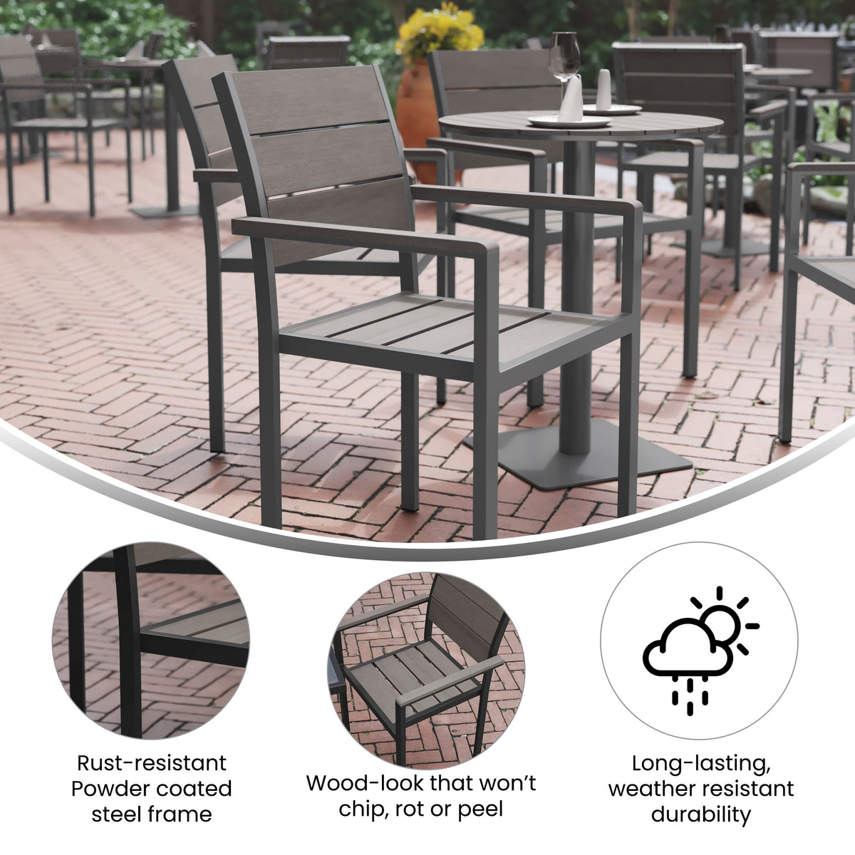 Commercial Grade Outdoor Faux Teak Patio Dining Chair with Arms - Image 3