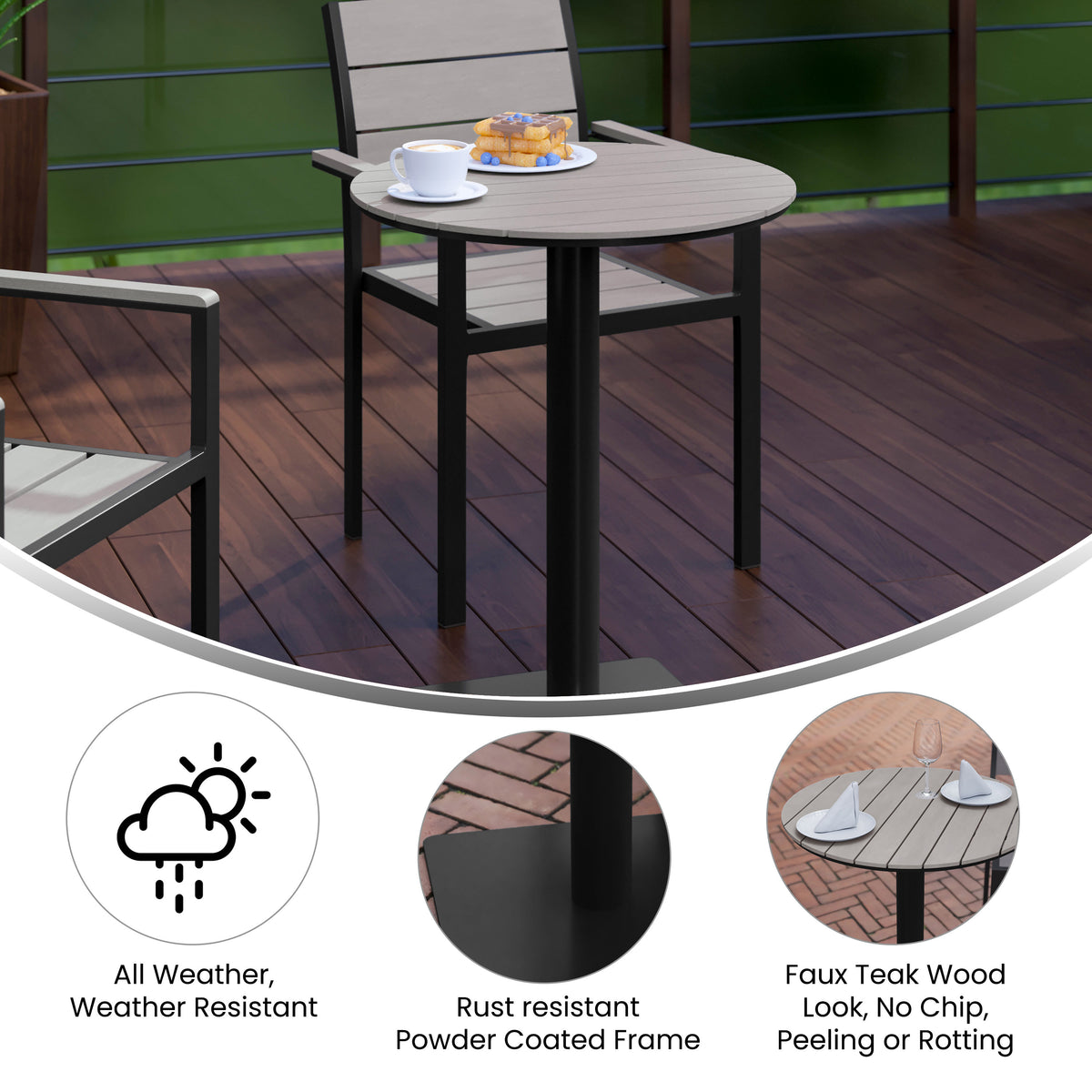 Commercial 24 Inch Round Faux Teak Outdoor Patio Dining Table - Image 3