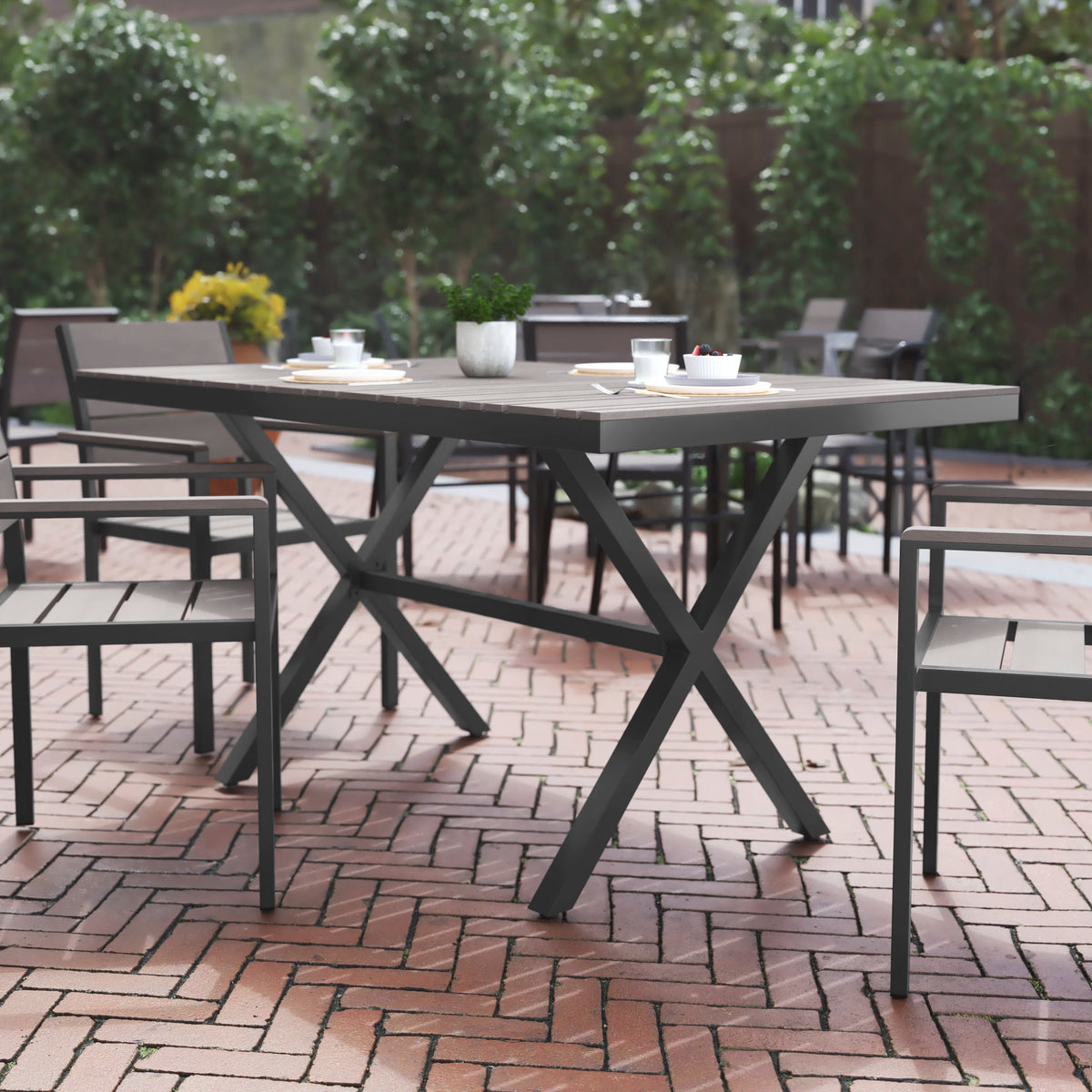 Commercial 59 x 35.5 Cross Frame Faux Teak Outdoor Patio Table - Image 2