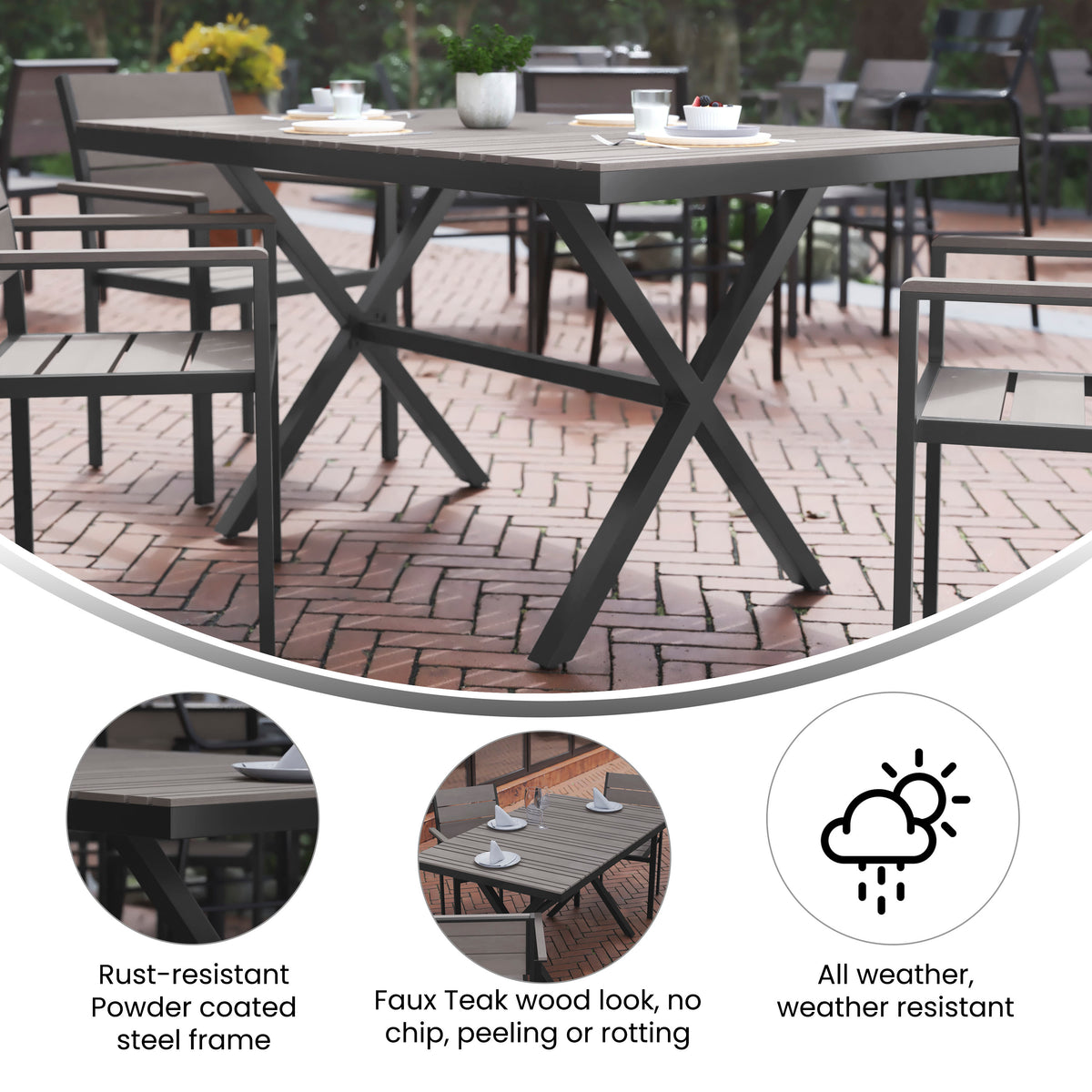 Commercial 59 x 35.5 Cross Frame Faux Teak Outdoor Patio Table - Image 3