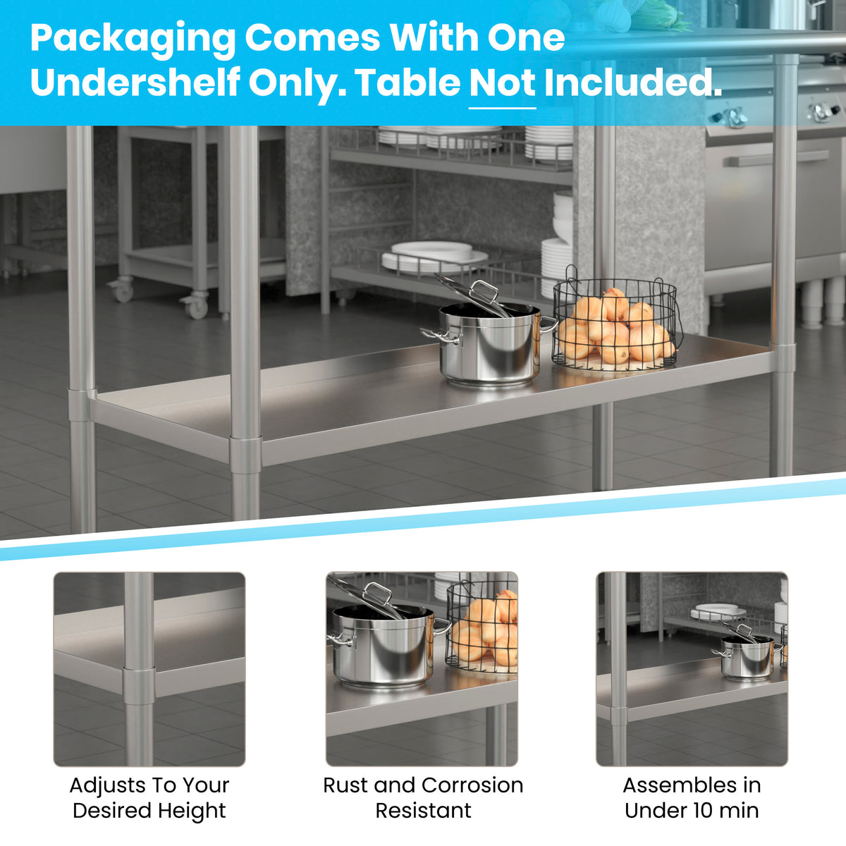 Galvanized Steel Adjustable Add-On Work Table Restaurant Shelf for Work Tables - Image 3