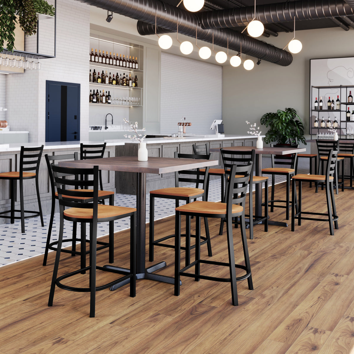 Commercial Ladder Back Metal Counter Stool - Upholstered Seat - Image 2