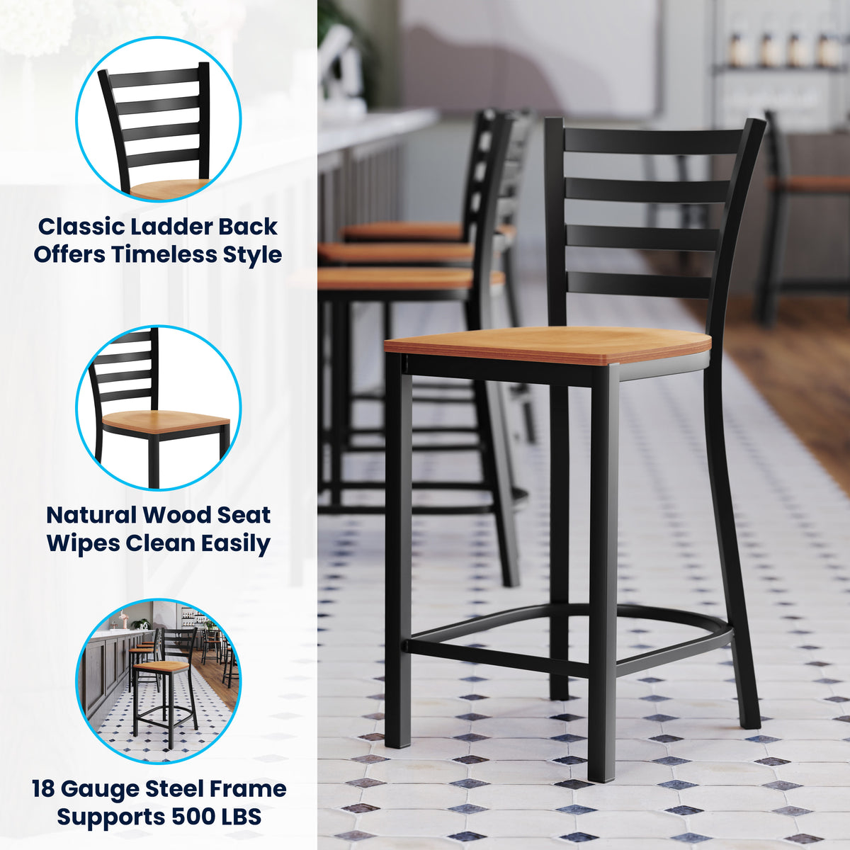 Commercial Ladder Back Metal Counter Stool - Upholstered Seat - Image 3