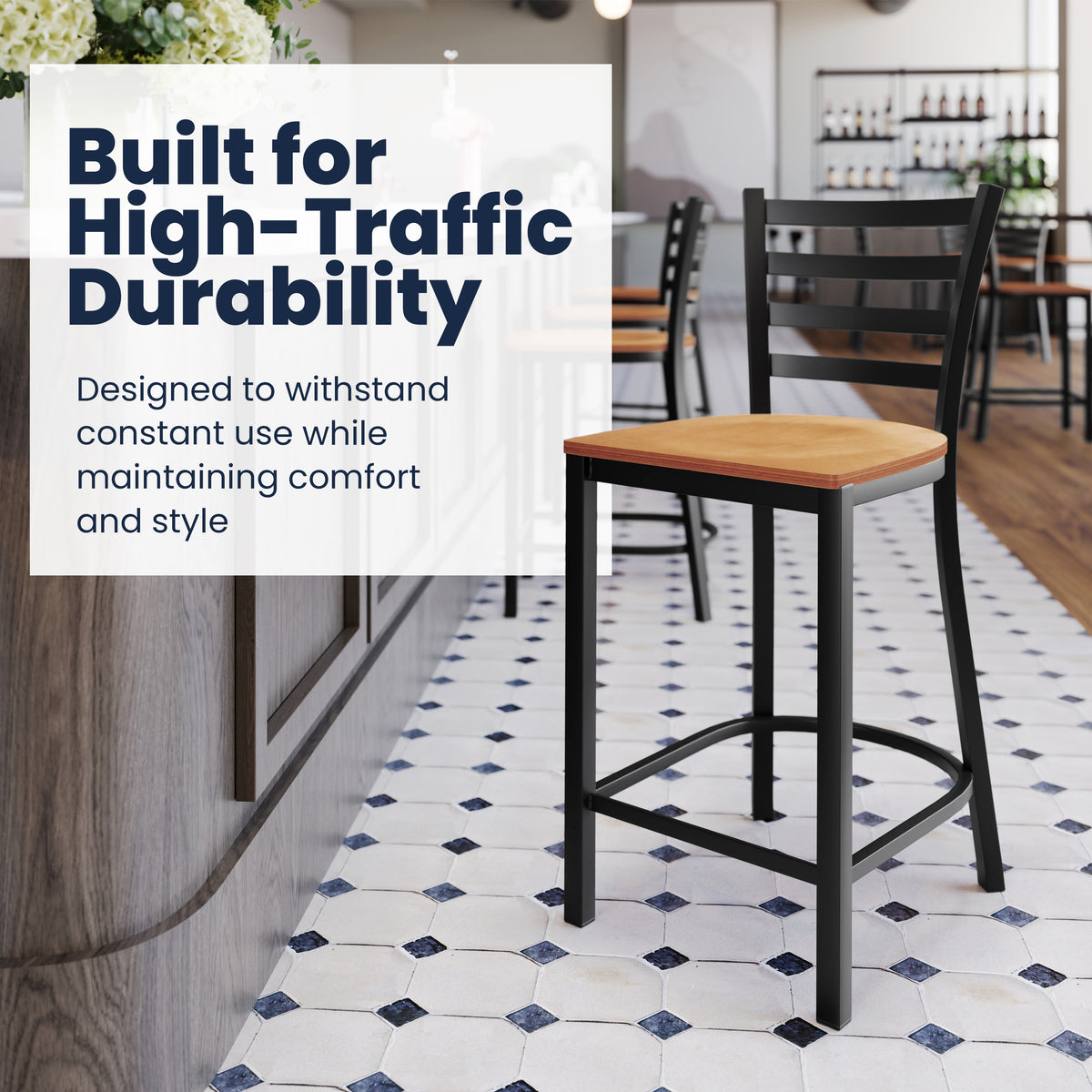 Commercial Ladder Back Metal Counter Stool - Upholstered Seat - Image 4