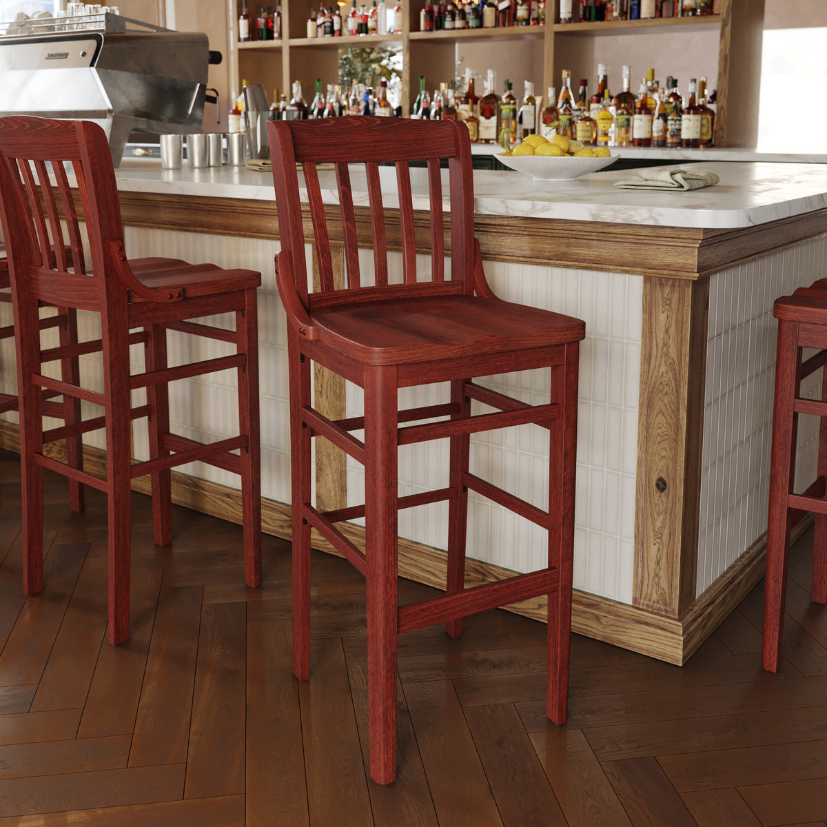 School House Back Wood Restaurant Dining Barstool with Footrest - Image 2