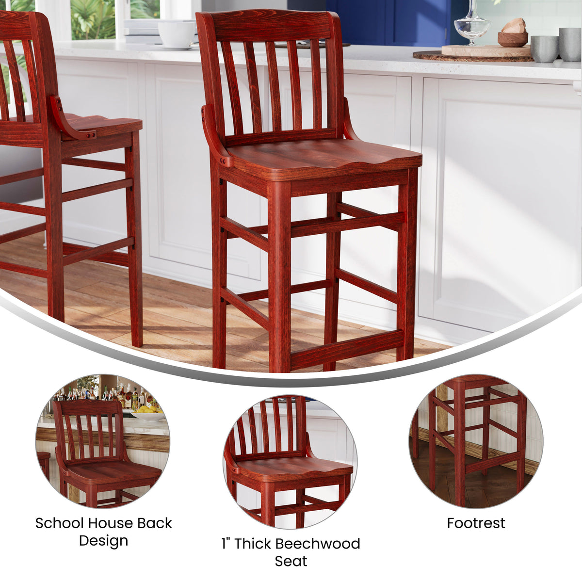 School House Back Wood Restaurant Dining Barstool with Footrest - Image 3