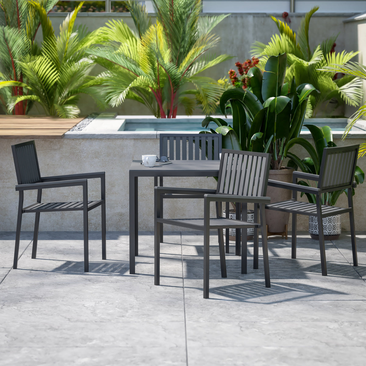 All-Weather Resin Top Square Table & 4 Metal Chairs with Poly Resin Seats - Image 2
