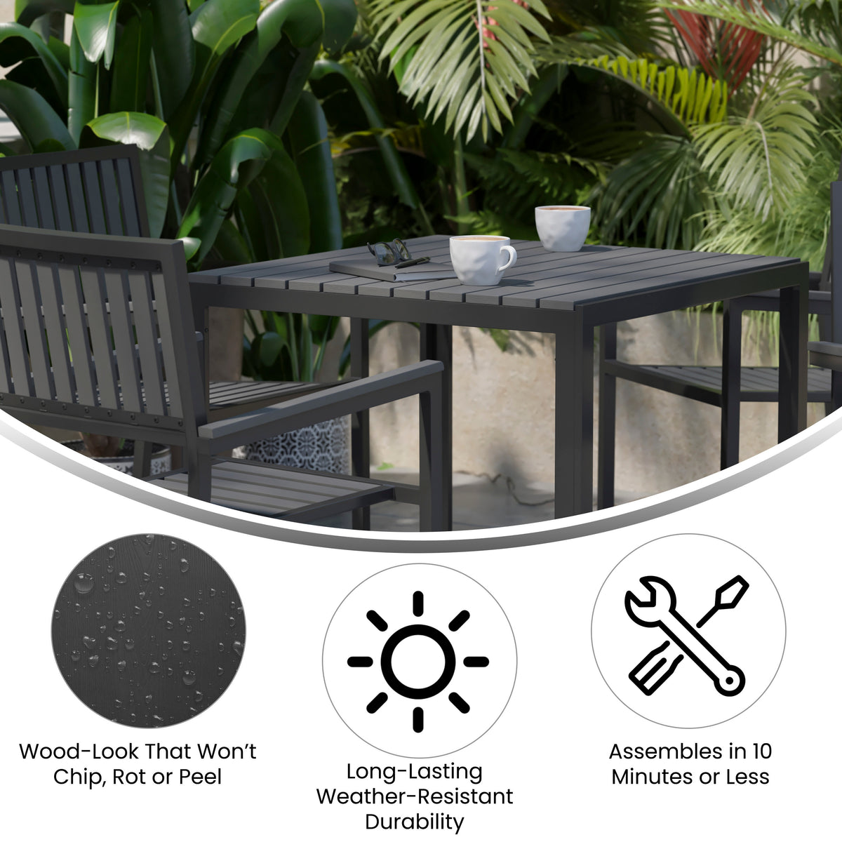 All-Weather Resin Top Square Table & 4 Metal Chairs with Poly Resin Seats - Image 3