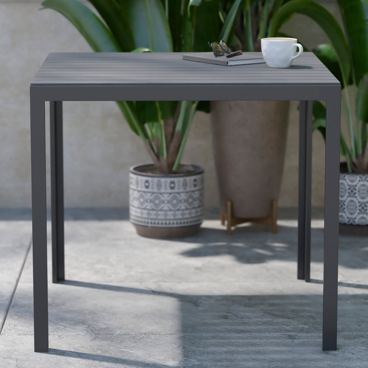 Indoor/Outdoor Commercial Steel Patio Table with Poly Resin Slatted Top - Image 2