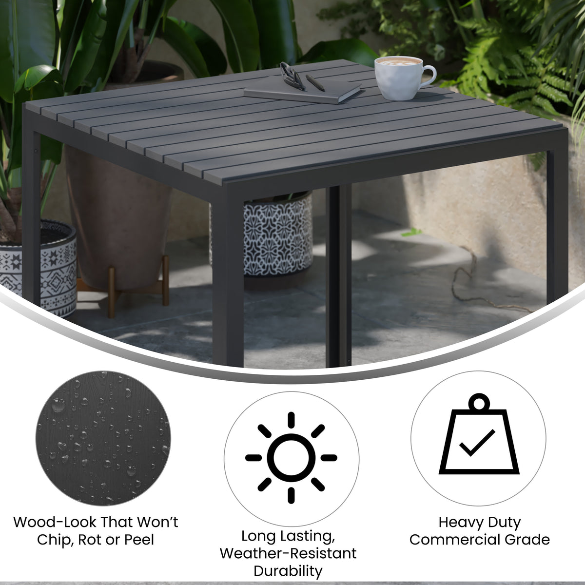 Indoor/Outdoor Commercial Steel Patio Table with Poly Resin Slatted Top - Image 3
