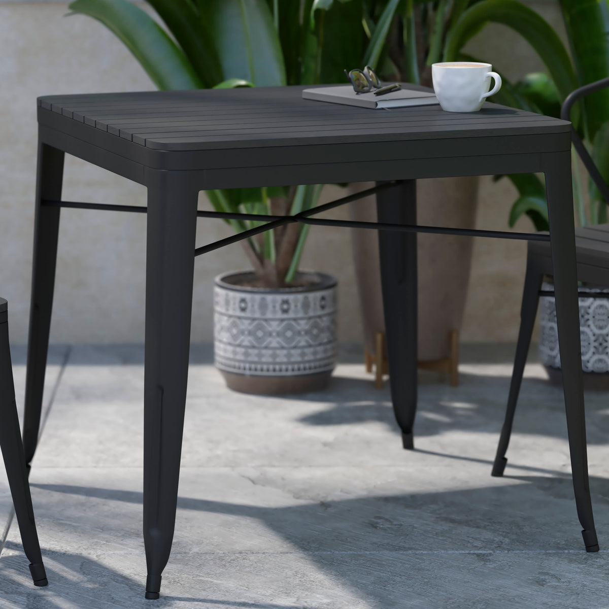 Indoor/Outdoor Commercial Steel Patio Table with Poly Resin Slatted Top - Image 2