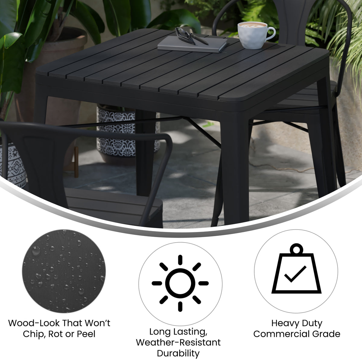 Indoor/Outdoor Commercial Steel Patio Table with Poly Resin Slatted Top - Image 3