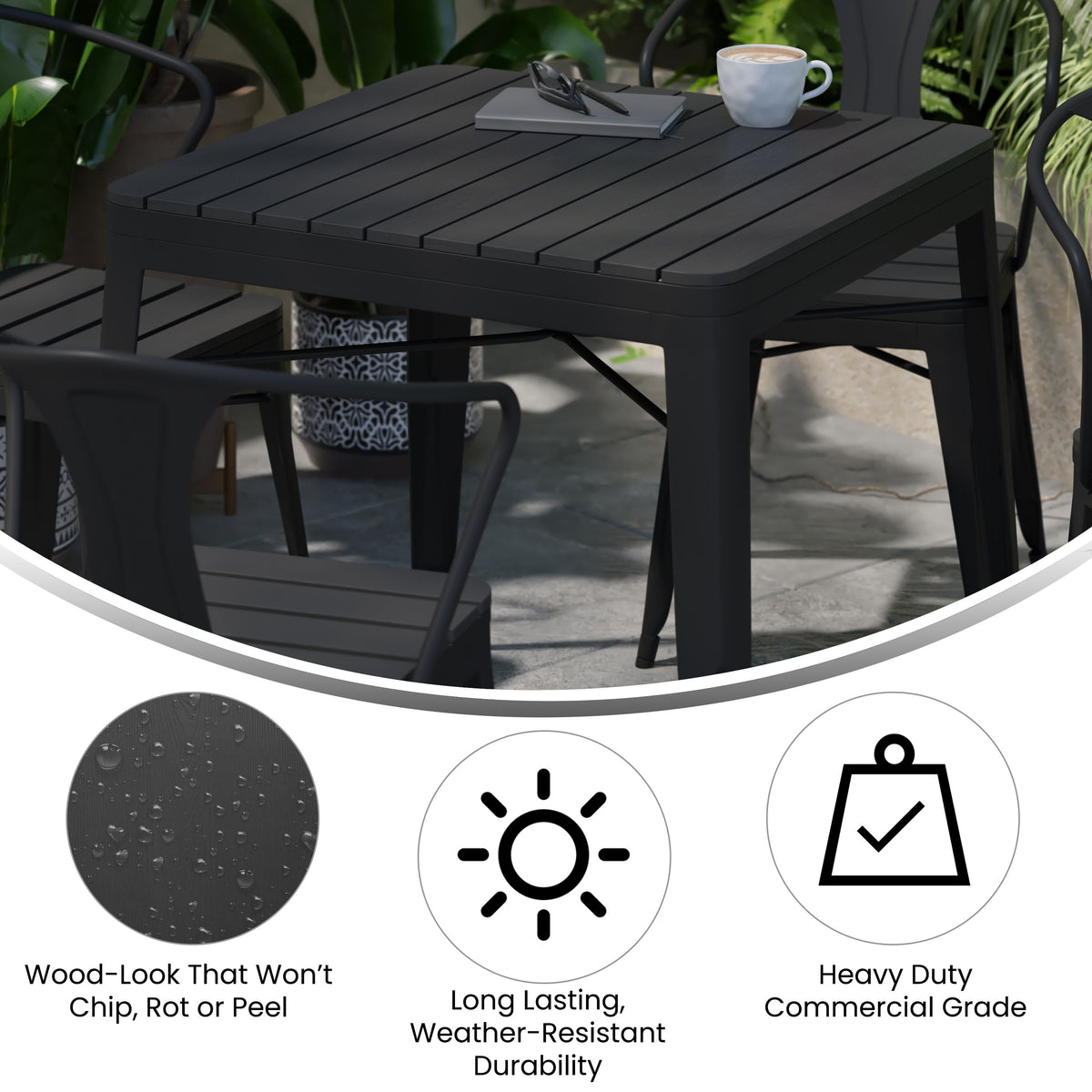 All-Weather Resin Top Square Table & 4 Metal Chairs with Poly Resin Seats - Image 3