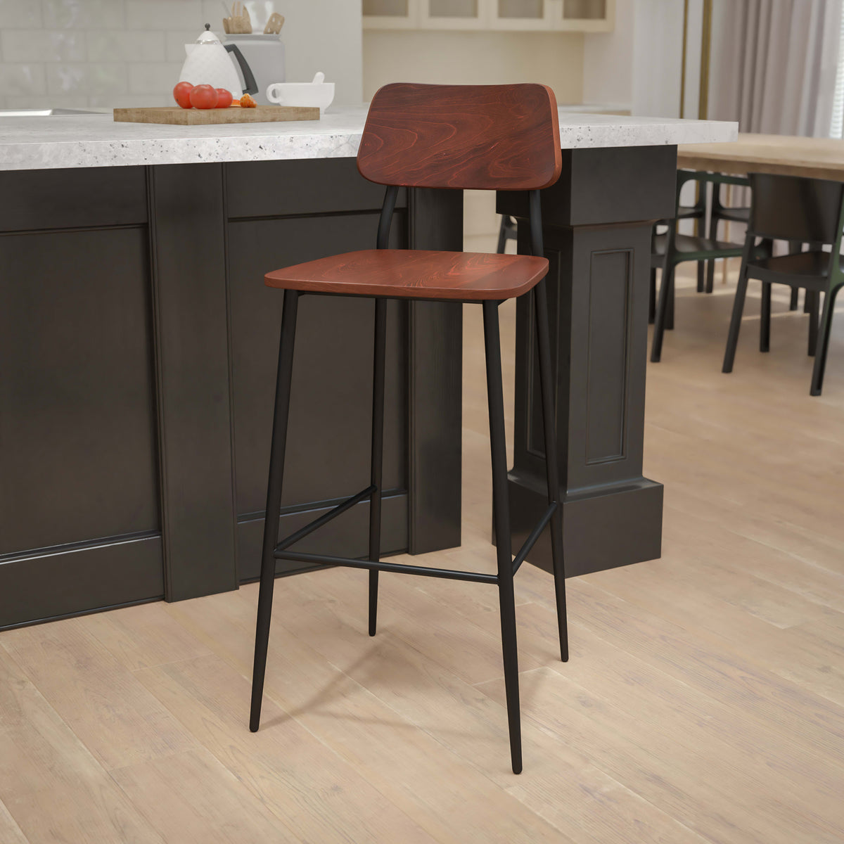 Industrial Barstool with Steel Frame and Rustic Wood Seat - Image 2