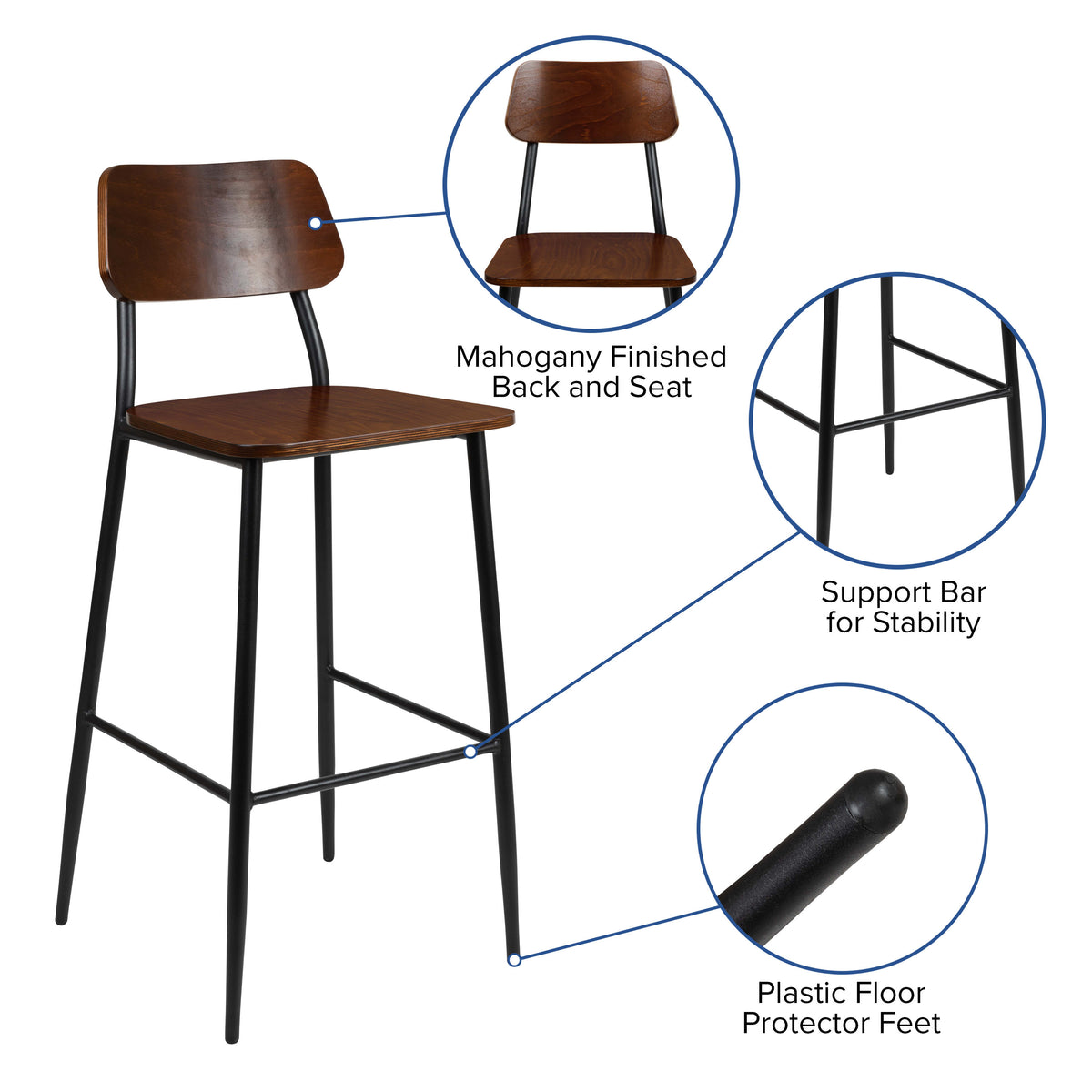 Industrial Barstool with Steel Frame and Rustic Wood Seat - Image 3