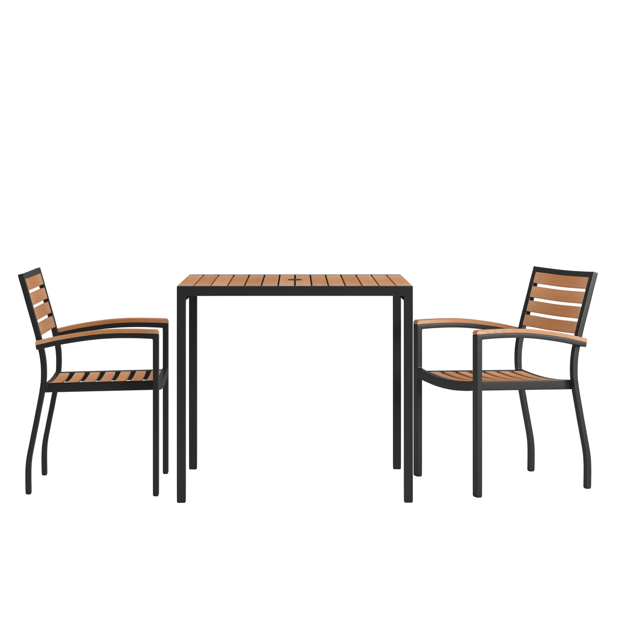 Black Steel Framed 36" Square Faux Teak Table with Umbrella Hole & 2 Club Chairs