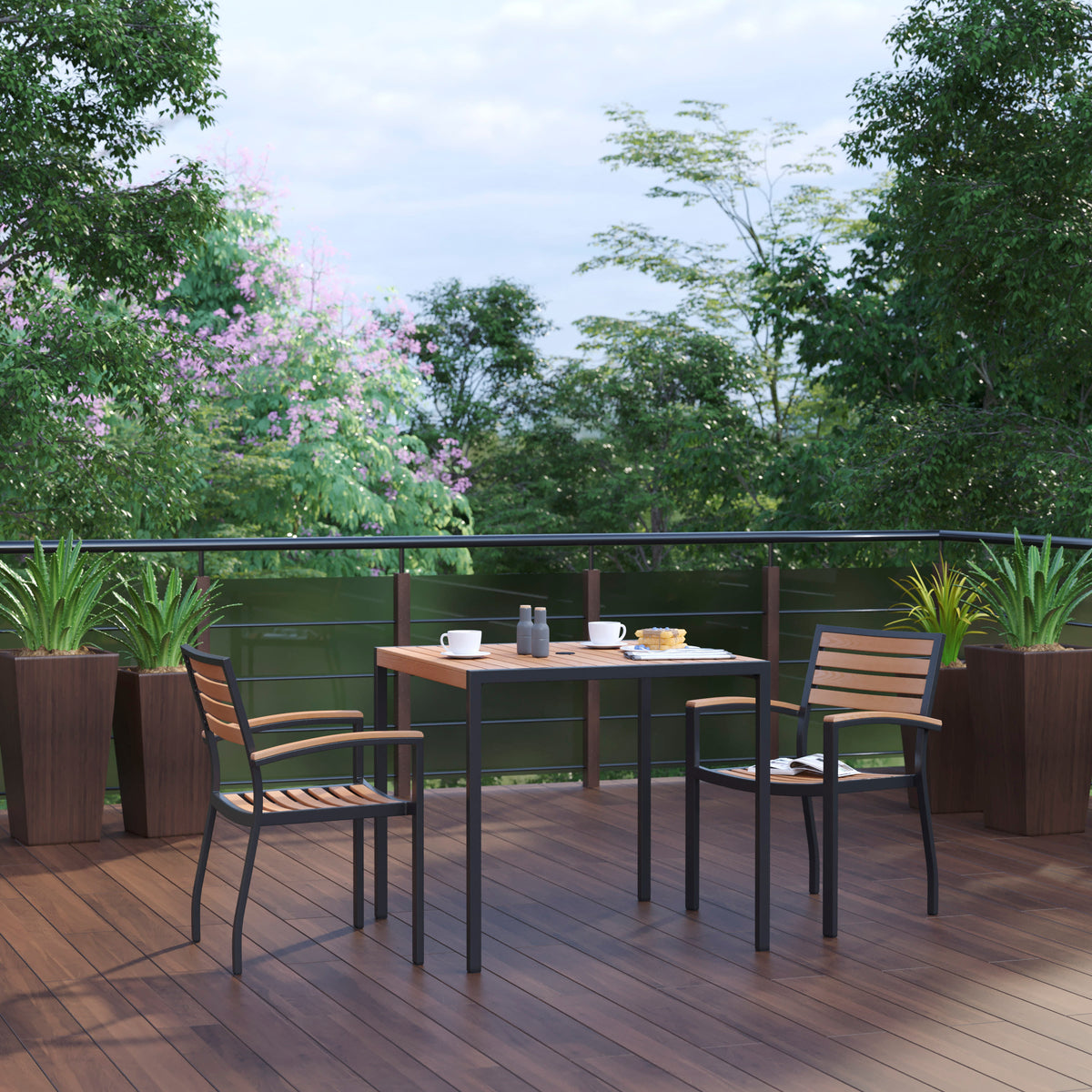 Black Steel Framed 36" Square Faux Teak Table with Umbrella Hole & 2 Club Chairs - Image 2