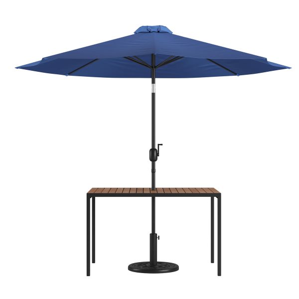 Black Steel Framed 30" x 48" Faux Teak Patio Table-Tan 9FT Patio Umbrella-Base