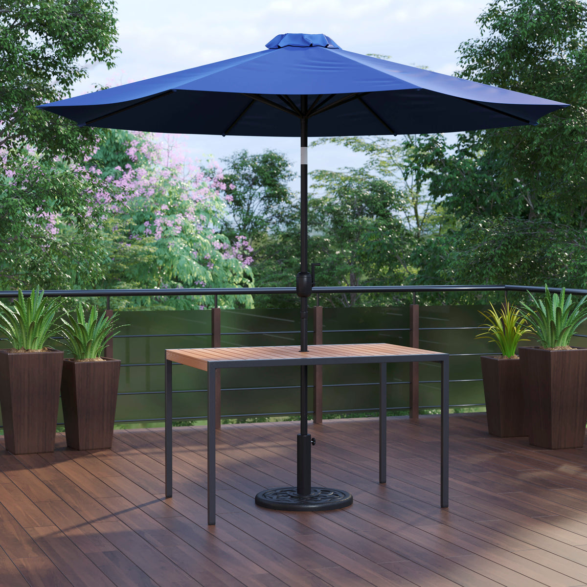 Black Steel Framed 30" x 48" Faux Teak Patio Table-Tan 9FT Patio Umbrella-Base - Image 2