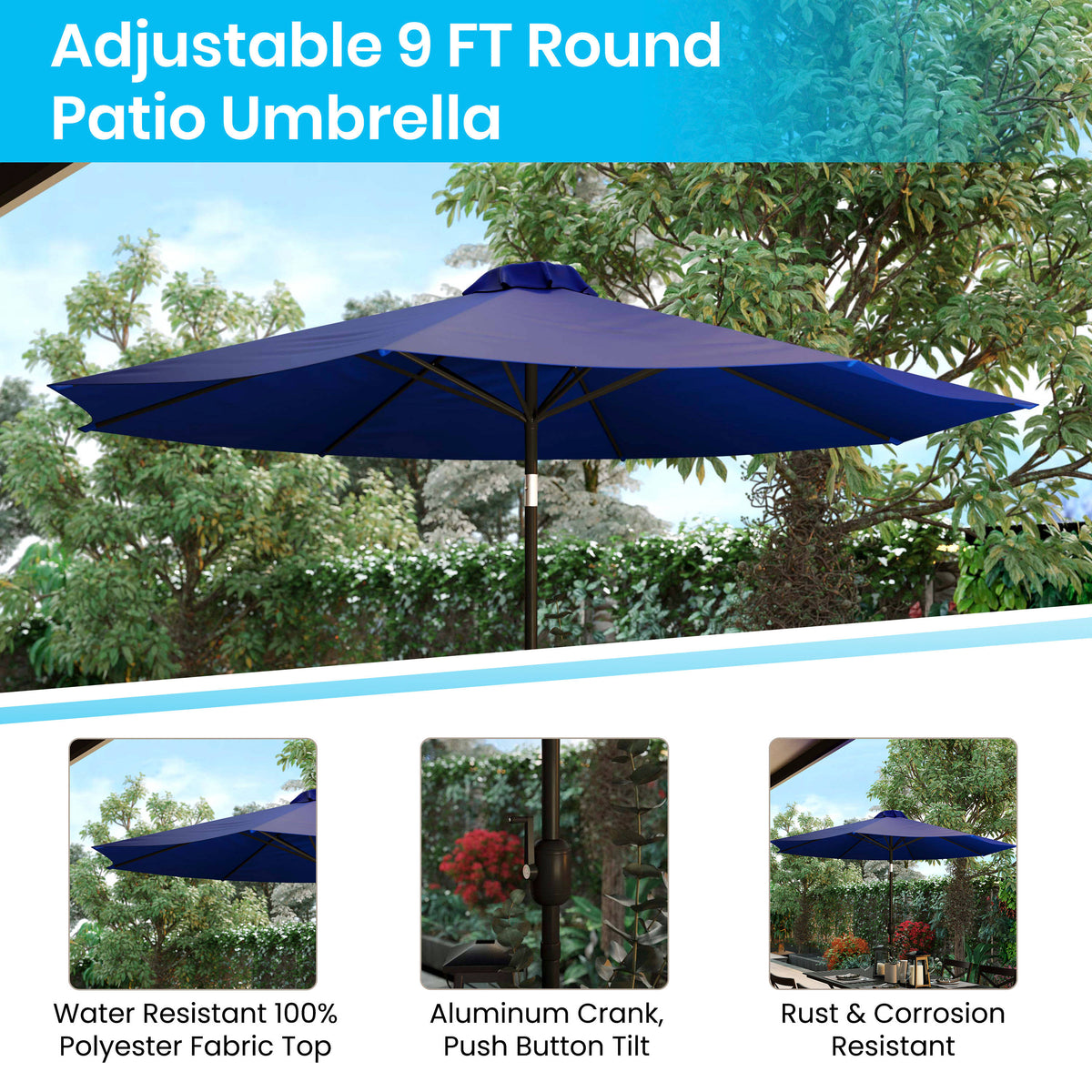 Black Steel Framed 30" x 48" Faux Teak Patio Table-Tan 9FT Patio Umbrella-Base - Image 4